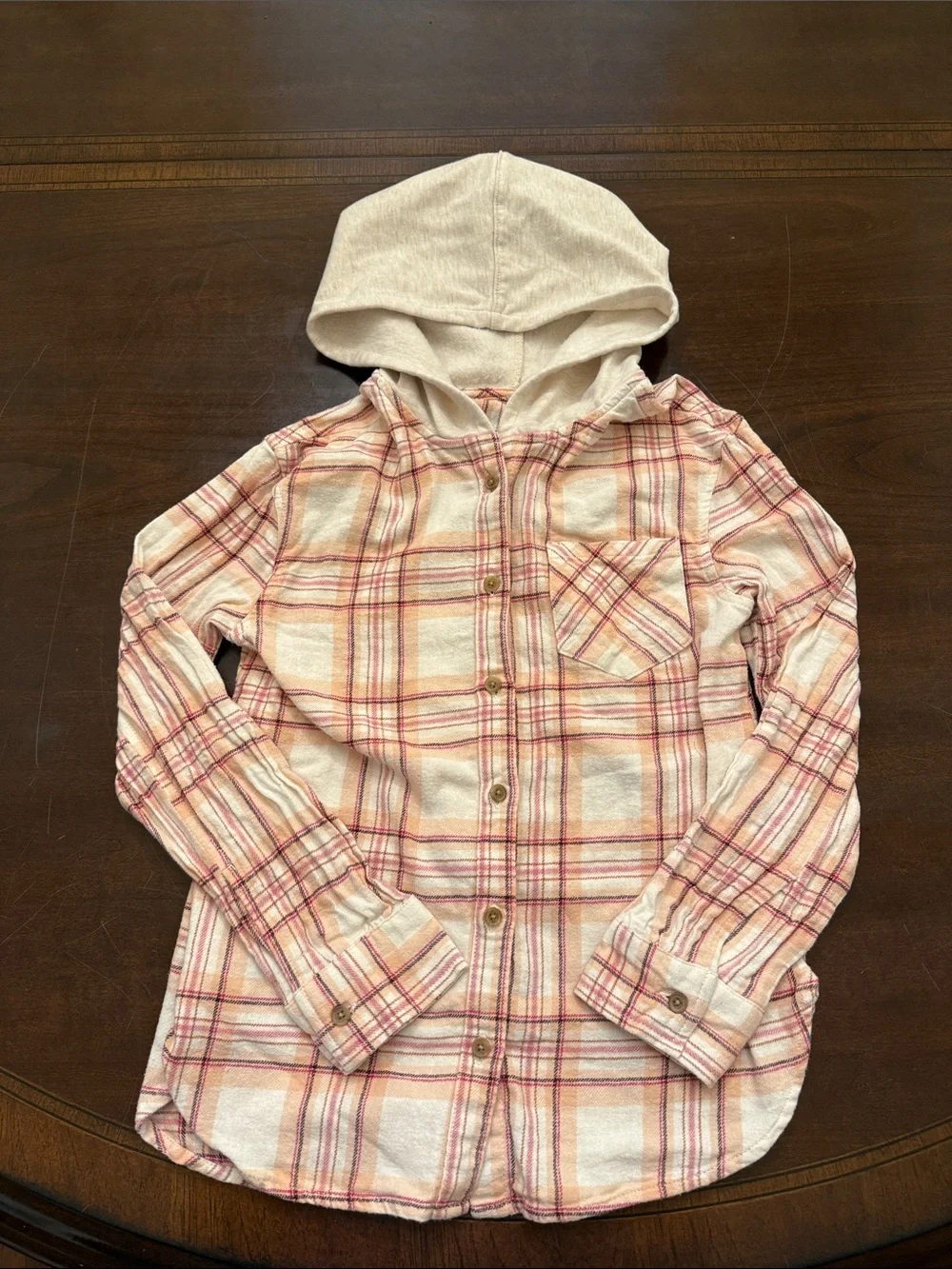 Old Navy Cream and Pink Plaid Hooded Button-Down Shirt